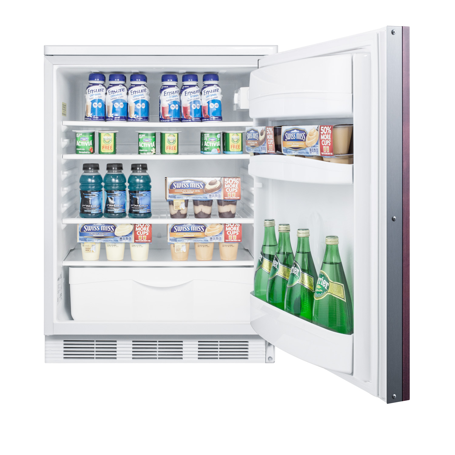 Commercially approved built-in undercounter all-refrigerator with auto defrost, deluxe interior, and front lock; capable of accepting full overlay panels